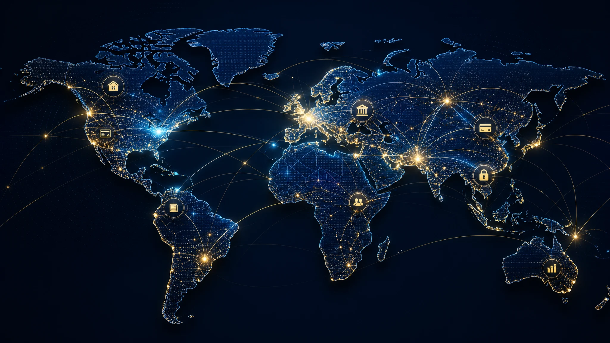 Global markets visualization showing interconnected financial centers and diversified portfolio concept